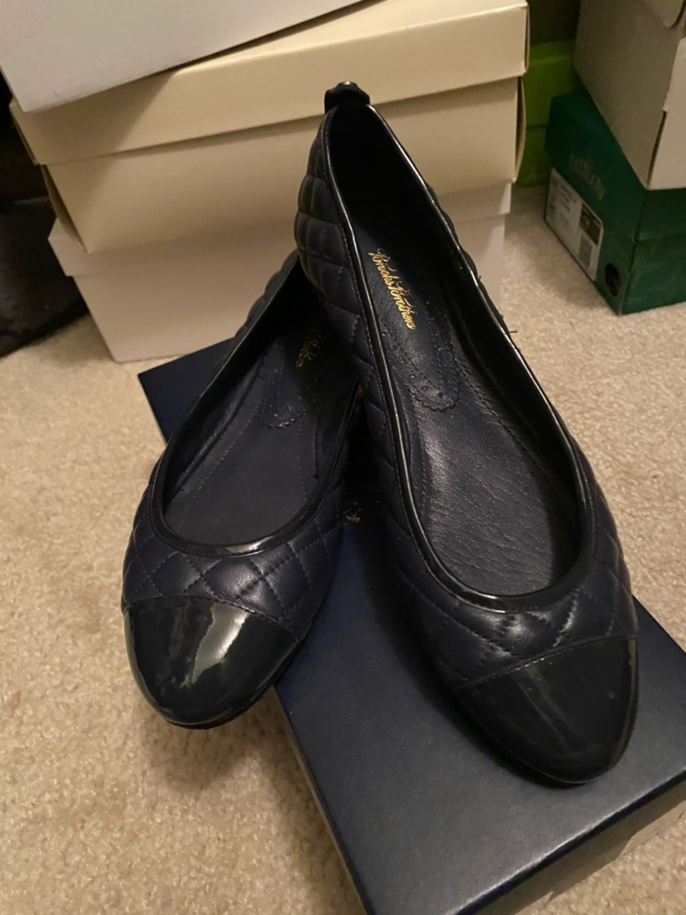 Brooks Brothers Quilted Navy Ballet Flats with Glossy Cap Toe